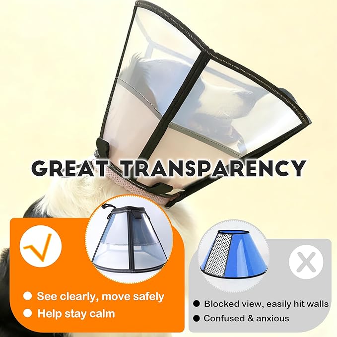 Extra Large Soft Dog Cone, 37cm / 14.5" Long Stop Licking Deep Pet Recovery Collar After Surgery, Clear Plastic Breathable Elizabethan Head Neck Circle, Adjustable Comfortable Cones (XXL Black)