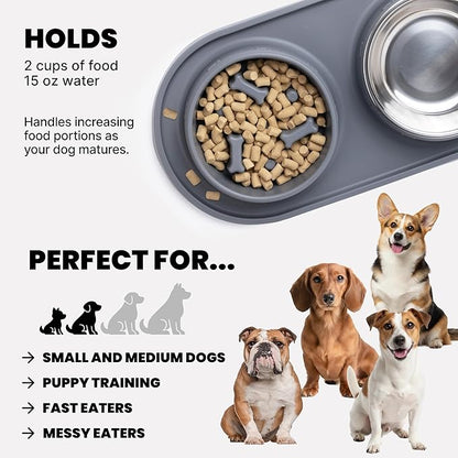 MalsiPree 2-in-1 Puppy Slow Feeder & Water Bowl Set - Puppy Adoption Gifts & Dog Birthday Treats Station - Silicone Feeding Mat with Stainless Steel Bowls - Accessories & Training Supplies - Gray