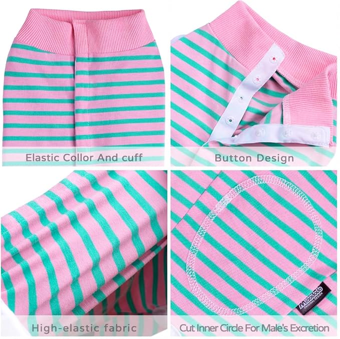 Dog Surgery Recovery Suit,Female Male Puppy Shirt,Dog Spay Neuter Onesie,E-Collar Cone Alternative,Abdominal Wound Protector,Prevent Licking Wound(Pink Green Stripe-xs)