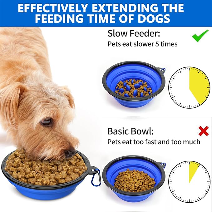 2 Pack [Slow Feeder Design + Regular], Collapsible Dog Bowl Travel Portable Pet Bowls, [34oz,1000ml] Foldable Food Water Feeding Dishes for Traveling Hiking Walking with Carabiners [Blue,Red]