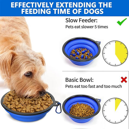 2 Pack [Slow Feeder Design + Regular], Collapsible Dog Bowl Travel Portable Pet Bowls, [34oz,1000ml] Foldable Food Water Feeding Dishes for Traveling Hiking Walking with Carabiners [Blue,Red]