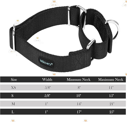 Mikivery Martingale Dog Collar Nylon Adjustable and Safety Training Colourful Comfortable Metal Buckle Pet Collars for Small Medium and Large Dogs(Black,M)