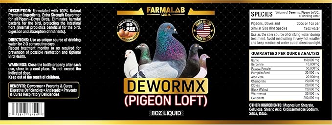 Farmalab Natural Dewormer No Withdraw Hens, Ducks, Roosters, Turkeys, Goose, Parakeets, Cockatiels, Lovebirds, Finches, Quakers, Pigeons, Palomas, Buchones, All Baby Chicks (8oz, Pigeon Loft)