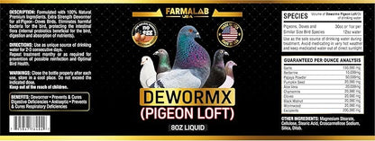Farmalab Natural Dewormer No Withdraw Hens, Ducks, Roosters, Turkeys, Goose, Parakeets, Cockatiels, Lovebirds, Finches, Quakers, Pigeons, Palomas, Buchones, All Baby Chicks (8oz, Pigeon Loft)