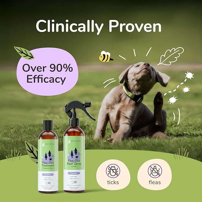 kin+kind Flea and Tick Prevention for Dogs – Plant Based Flea Spray with Rosemary, Lemongrass & Cedarwood Oil – Pet Supplies for Bugs and Pests – Flea & Tick Pet Spray Prevention - Lavender 32 fl oz