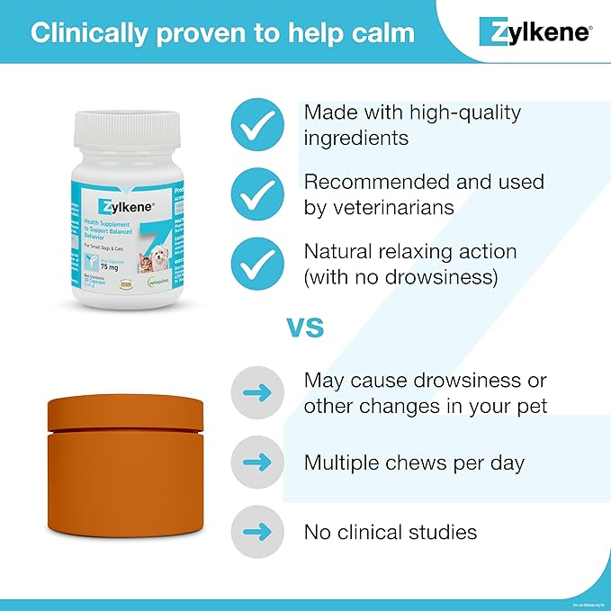 Vetoquinol Zylkene Calming Support Supplement for Small Dogs and Cats, Helps Promote Relaxation and Reduce External Stress Factors, Daily Behavioral Support and Anxiety Relief for Dogs and Cats, 75mg