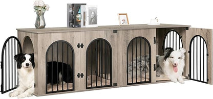 Hzuaneri 71" Dog Crate Furniture for 2 Dogs, Heavy Duty Indoor Dog Kennel TV Stand, XL Wooden Dog Cage with Divider for Medium Large Dogs, End Table Dog Crate with Cushion, Greige Black DFC81905B