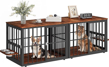 YITAHOME 77.6" Large Corner Dog Crate Furniture for 2 Dogs, Steel Frame Cage with Double Doors & Bowls & 3 Doors, Double Dog Crate Furniture TV Stand for Medium Large Dogs, Brown