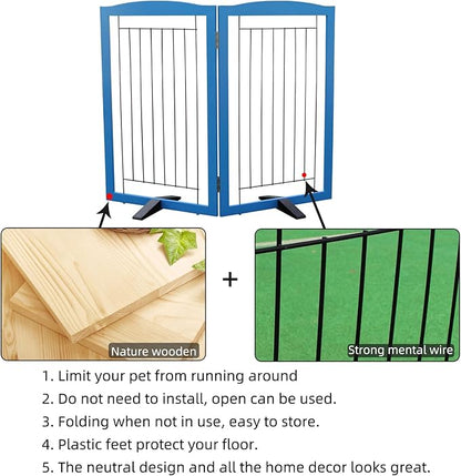 ZJSF Freestanding Dog Fence Indoor, Foldable Dog Gate for Doorways, Stairs or Hallways, Sturdy Wood Extra Wide Pet Gate with Support Feet for The House, Blue, 32 "Height-2 Panels