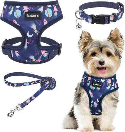 SCENEREAL Small Dog Harness Collar and Leash Set, Adjustable No Pull Pet Harnesses, No Chock Soft Mesh Vest for Doggie Puppy Medium Dogs Cats Girl or Boy,Chihuahua, Yorkie, Outdoor Walking