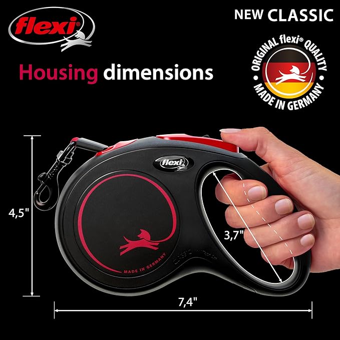 FLEXI New Classic Tape Retractable Dog Leash for Medium Dogs Upto 30-55 lbs. – 16 ft., Black Red |Tangle Free Pet Walking Leash with One-Handed Brake, Pause, Lock |German Quality Product