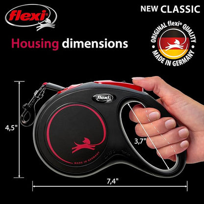 FLEXI New Classic Tape Retractable Dog Leash for Medium Dogs Upto 30-55 lbs. – 16 ft., Black Red |Tangle Free Pet Walking Leash with One-Handed Brake, Pause, Lock |German Quality Product