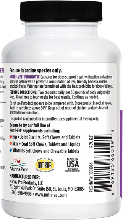Nutri-Vet Probiotics for Dogs, Dog Probiotics for Digestive Health, Puppy Probiotics, Promotes Healthy Immune System & Gut Health, Vet Formulated, Puppy Supplies, 60 Count Capsules