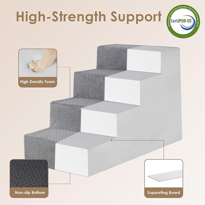 EHEYCIGA Dog Stairs for Bed 20" H, 4-Step Extra Wide Dog Steps for High Bed, Pet Steps for Small Dogs and Cats, Non-Slip Balanced Pet Ramp Indoor, Grey