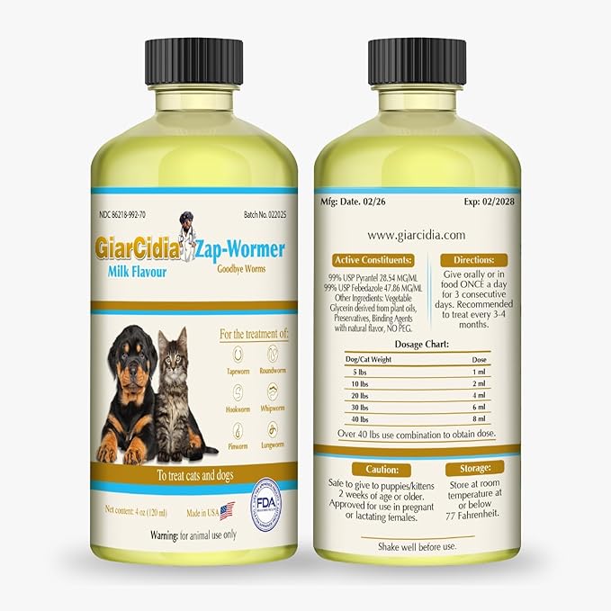 No More Worms in Cats and Dogs- Dewormer for Cats and Dewormer for Dogs - Chicken and Milk Flavours 120 mL / 4 oz Glass Bottle – Includes 3 mL Dropper with Cap (Milk Flavor)