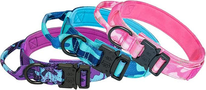 Hotsky Tactical Dog Collar, Adjustable Military Training Nylon Airtag Collar with Handle and Heavy Duty Metal Buckle for Medium Large Dogs, with Airtag Holder and Two Patches（Pink Camo,M）