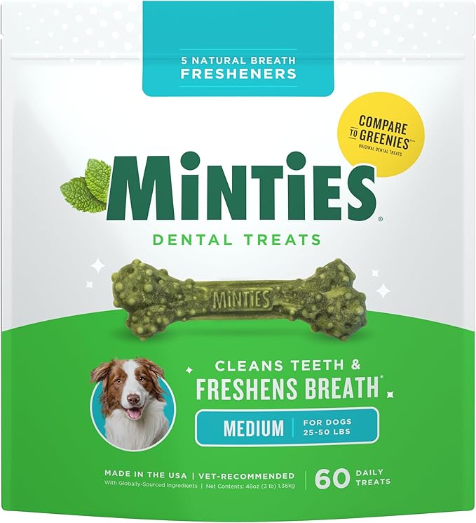 Minties Dog Dental Bone Treats, Dental Chews for Dogs 25-50 lbs, 60 Count, Brushing Chews Helps Clean Teeth and Freshen Bad Breath, Removes Plaque and Tartar, Veterinarian Recommended