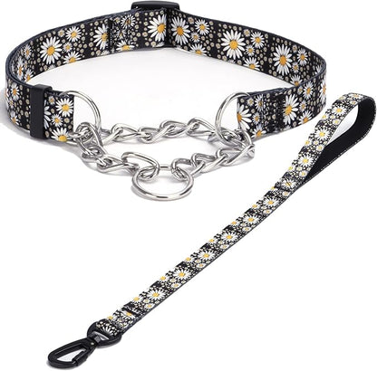 Martingale Dog Collar with Stainless Steel Chain - Limited Chain Cinch Training Collar for No Pull Training Dog - Flower Multicolor Cute Patterns - Premium No Slip Collar (XL, Daisy Set)