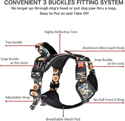 Petmolico No Pull Dog Harness Set, 2 Leash Attchment Easy Control Handle Reflective Vest Dog Harness Breed, Small Dogs Harness and Leash Set with Poop Bag Holder(S, Sunflower)