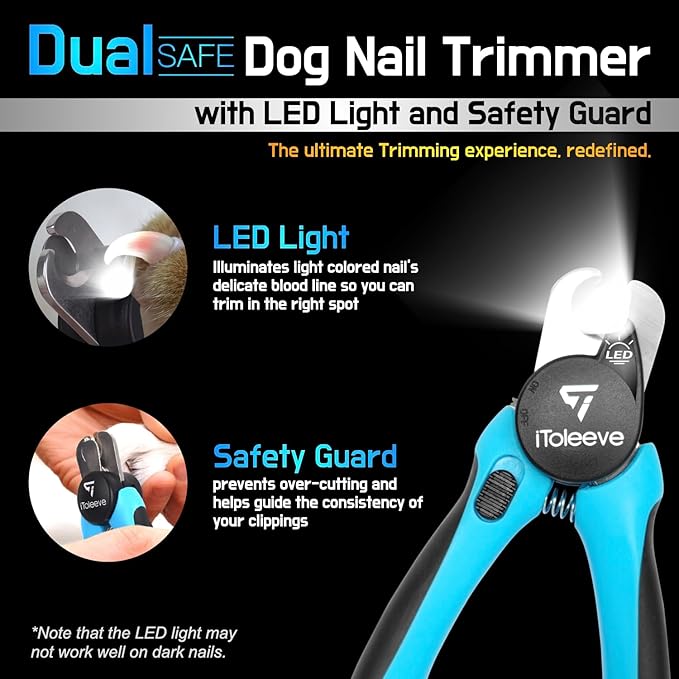 iToleeve LED Dog Nail Clipper with Light, Illuminates Nails or Bloodline for Safe and Easy Trimmers, Extra Sharp for Thick Nails, Quick Sensor, Avoid Over Cutting Toenail, for Cats & Dogs