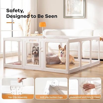 Clear Acrylic Dog Playpen Indoor, Puppy Cat Small Pet Play Pen, Pet Cat Playpen for Rabbits, Dog Fence Crate Kennel Whelping Cage (White, 12 Panel)