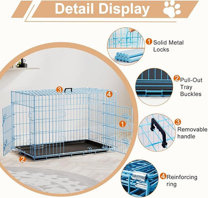 FDW Dog Crate 36inch Dog Cage Foldable Metal Kennel with Leakproof Tray Foldable Design Indoor Outdoor Use for Medium Dogs,Blue