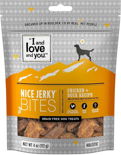 I and love and you Nice Jerky Bites - Grain Free Dog Treats, Chicken + Duck, 4-Ounce, Pack of 1