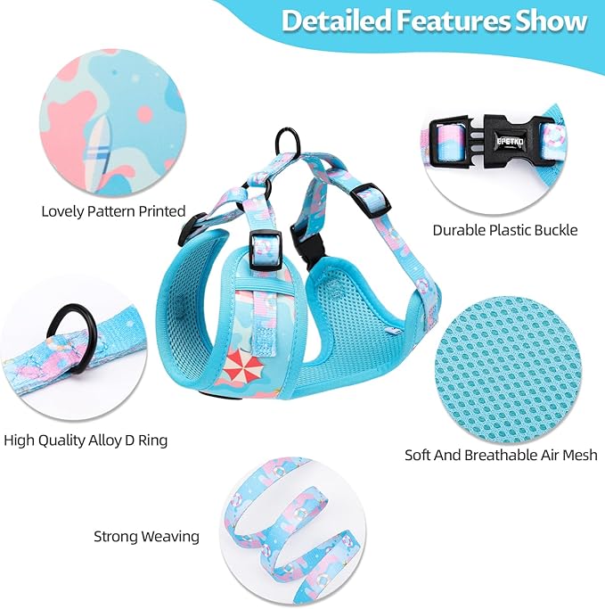 Small Dog Harness and Leash Set of 6, No Pull Soft Lightweight Mesh Puppy Harness， Adjustable Cute Floral Pattern Pet Harness for Small Medium Dogs (Blue Sea, XS)