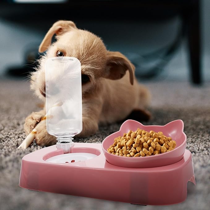 Kisangel Stable Automatic Dog Water Bowl with Dual Feeder Design Spill-Resistant Pet Food and Water Dispenser for Cats and Dogs Neck Protection Pink Pet Feeding Bowl