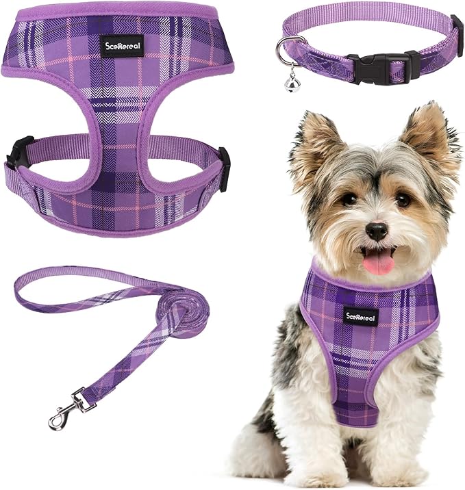 SCENEREAL No Pull Dog Harness Collar and Leash Set Small Medium Sized Dog, Soft Mesh Puppy Harnesses, No Chock Plaid Adjustable Pet Vest for Outdoor Walking Training and Running, Purple S