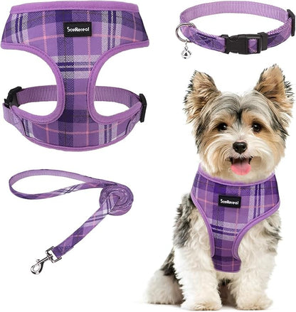 SCENEREAL No Pull Dog Harness Collar and Leash Set Small Medium Sized Dog, Soft Mesh Puppy Harnesses, No Chock Plaid Adjustable Pet Vest for Outdoor Walking Training and Running, Purple S