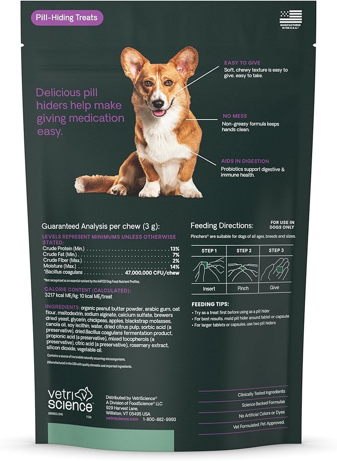 VETRISCIENCE Extra Large Pinchers Pill Hiders Chews, Non-Greasy Pill Wrap with Probiotics for Dogs, Disguise Pills, Capsules and Tablets, Soft and Chewy, Gut and Immune Health, Peanut Butter, 2 Pack