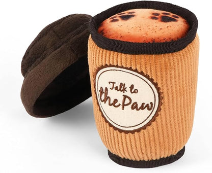 P.L.A.Y. Cute Plush Dog Toys - Coffee Shop Food Themed Durable Squeaker Chew Toy, Great for Puppies & Small, Medium, Large Dog Breeds - Machine Washable, Recycled Materials (Pup Cup Cafe Doggo's Java)