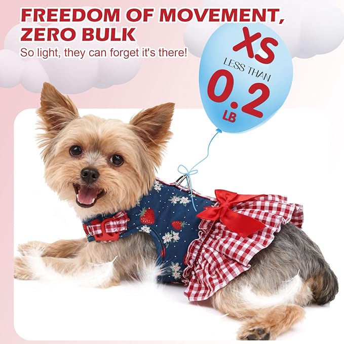 EXPAWLORER Dog Harness Small Medium Sized Dogs, Plaid Dog Dress Bowknot Harness and Leash Set, No Choke No Pull Soft Mesh Vest Cute Princess Puppy Outfits Clothes Costume for Girls Party Cats Navy XS