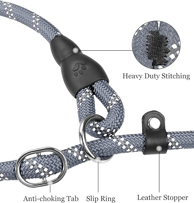 TagME 6ft Slip Dog Lead, No Pull Reflective Training Leash with Padded Handle, Professional Rope P-Leash for Small Medium Large Dogs, Heavy Duty Correction Lead for Walking & Training (Gray)