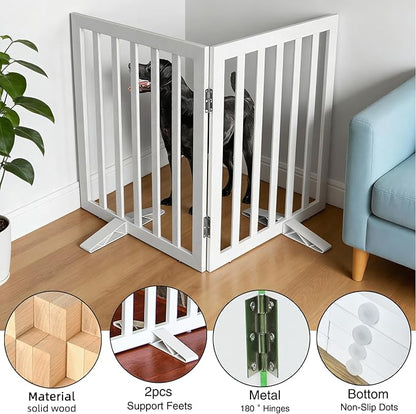 Dog Gate Indoor, Freestanding Dog Fence for The House, Doorways, Hallways,or Stairs,Pet Gate Foldable Wooden,Expandable 24" Height 2 Panels,White