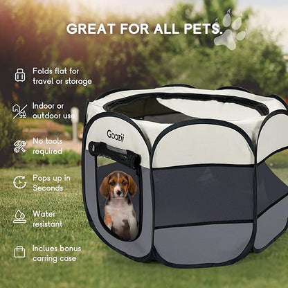 Goozii Pet Cat Playpen for Indoor Cats Enclosed, Puppy Dog Play Pen for Outdoor Travel Camping (Medium Size, Beige & Dark Grey)
