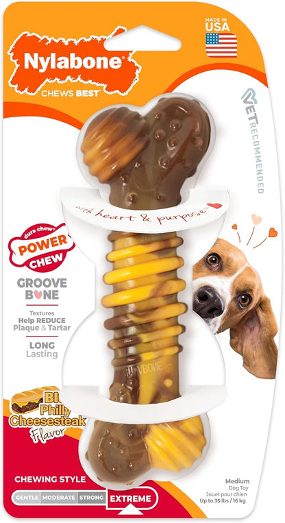 Nylabone Groove Bone Power Chew Toy for Dogs, Dental Dog Toys for Aggressive Chewers, Dog Chew Bone, Long Lasting Philly Cheesesteak, For Medium Dogs - Up to 35 lbs, 1 Count