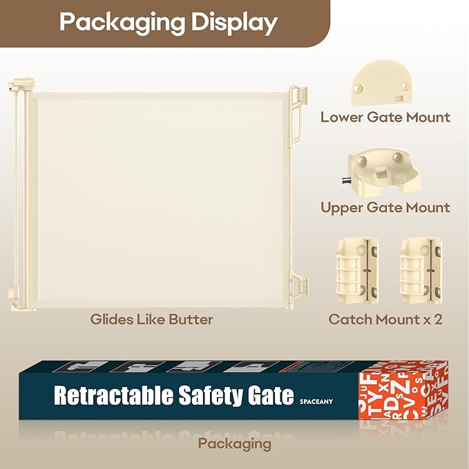 SPACEANY Retractable Safety Baby Gate or Mesh Dog Gate,Durable Portable Mesh Retractable Gate,Easy to Use for Stairs, Doorways, Hallways, Indoor, Outdoor, 33.5" Tall, Up to 45" Wide, Cream