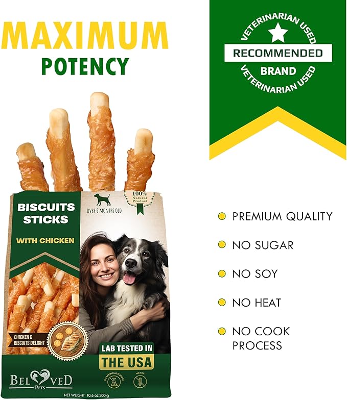 Dog Treats Biscuits Sticks Chicken Wrapped Human Grade Meat 10.6 oz - Natural Dried Snacks Rawhide - Free & Grain Free Long Lasting Chews for Large & Small Dogs - Best for Training & Healthy Teeth