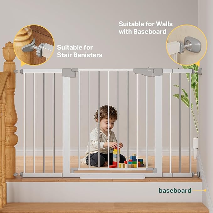 Cumbor 29.7–51.5" Extra Wide Baby Gate for Stairs, Pressure-Mounted Dog Gates for Doorways & Hallways, Auto-Close Walk-Through, No-Trip Design, Child Proof Safety, Dog/Pet Gate for Indoor Use, Silver