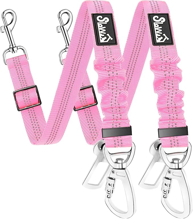 SlowTon Dog Seatbelt, 2 Pack Dog Seat Belt Car Leash Adjustable Elastic Bungee Buffer Heavy Duty Nylon Reflective Pet Safety Tether Connect to Dog Harness for Travel Riding in Vehicle (Daul Clip, PI)
