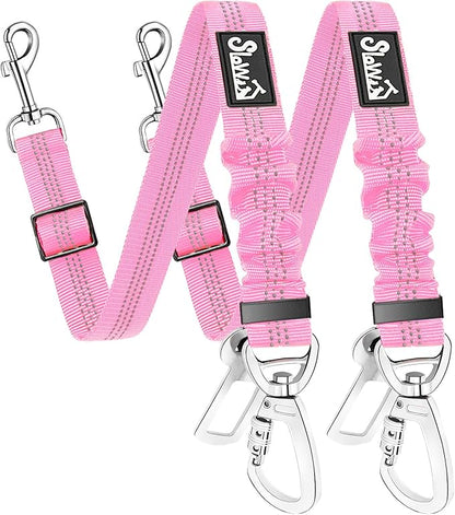 SlowTon Dog Seatbelt, 2 Pack Dog Seat Belt Car Leash Adjustable Elastic Bungee Buffer Heavy Duty Nylon Reflective Pet Safety Tether Connect to Dog Harness for Travel Riding in Vehicle (Daul Clip, PI)