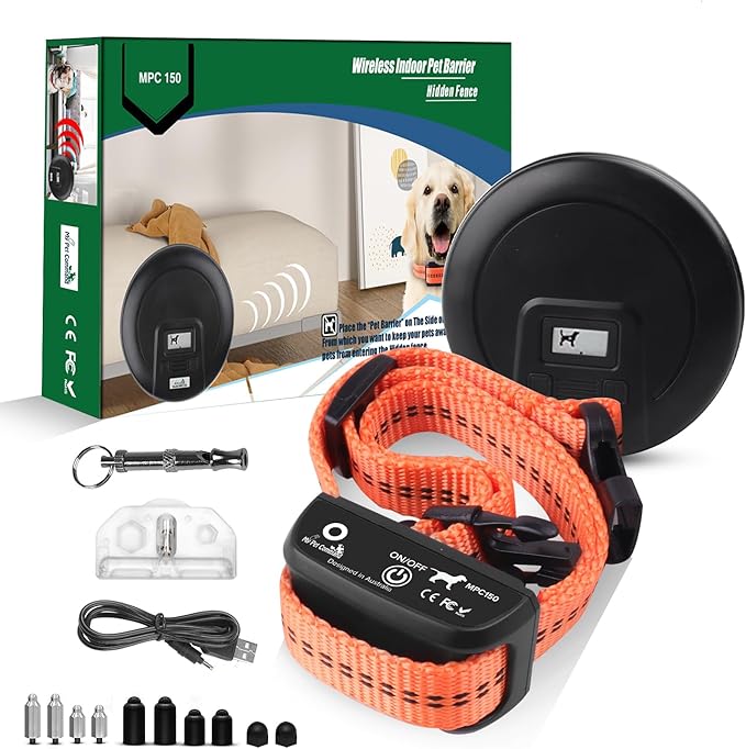 My Pet Command, Indoor Pet Barrier Adjustable Range, Static and Tone Correction, Hidden Fence for Dogs Containment Collar, Wireless Pet Gate Keeps Areas Off Limits, Rechargeable Collars 1 Collar kit