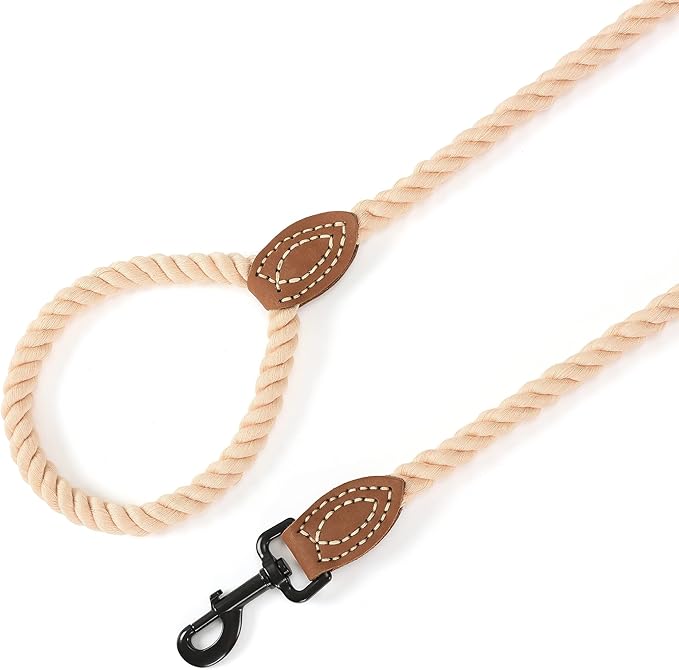 Mile High Life Dog Leash, Braided Cotton Rope Leashes with Leather Tip - Heavy Duty Metal Clasp, 6FT, 1/2" Thick - Wedding, Walking & Training Leash for Small Medium Large Dogs (Light Brown)