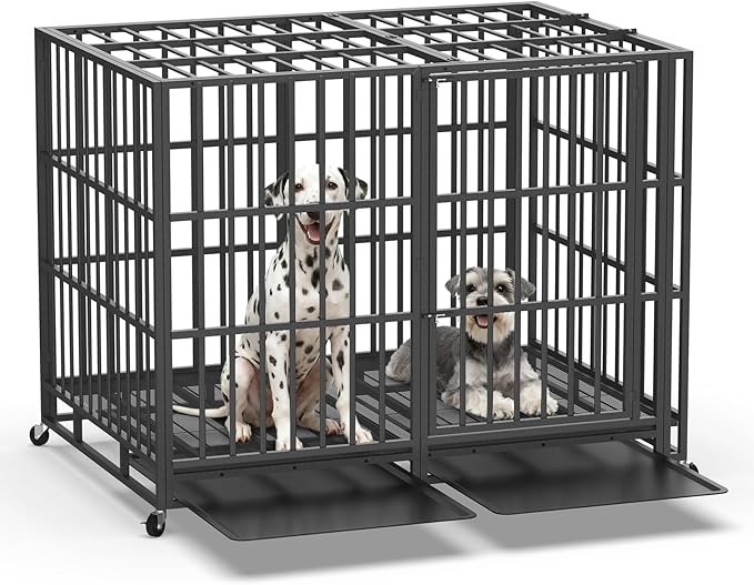 Hiwokk 60 Inch Heavy Duty Dog Crate, Indestructible Escape-Proof Dog Kennel for High Anxiety Large Dogs, Strong Metal Pet Cage with Double Doors, Lockable Wheels & Removable Tray, XL XXL XXXL