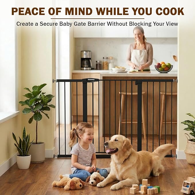 Mumeasy 29.7-57" Extra Wide Baby Gate, Auto Close Large Dog Gate for Doorways, No Drilling Pressure Mounted Pet Safety Gate for Stairs, Easy Walk Through Child Gate for Hallways, House, Indoor, Black