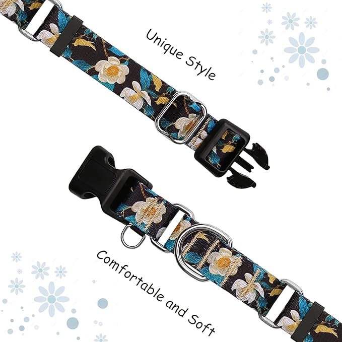 Martingale Collar for Dogs with Buckle Pretty Cute Floral Nylon Dog Collars for Medium Dogs (Luxury Golden Flowers, Medium)