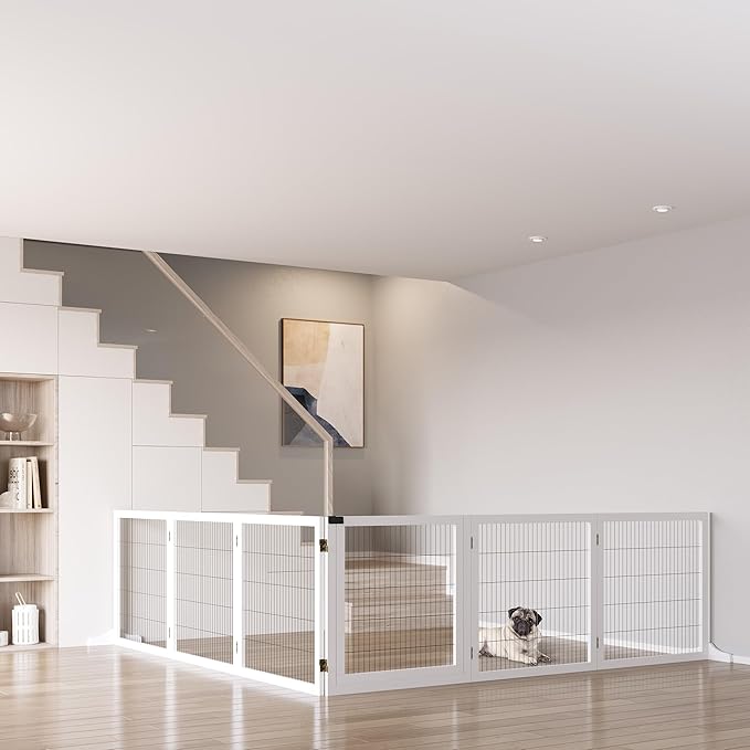 Wooden Dog Gate, 170" Freestanding Pet Gate, 6-Panel Foldable Dog Safety Barrier with 2 Support Feet for House Doorway Stairs, Small and Medium Dogs, White