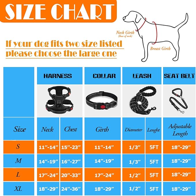 No Pull Dog Harness, Collar & Leash Set | Includes Dog Seat Belt, Collapsible Bowls & Poop Bag Dispenser. Ideal for Training, Walking, Hiking. Fits Small to Large Dogs(Black-L)
